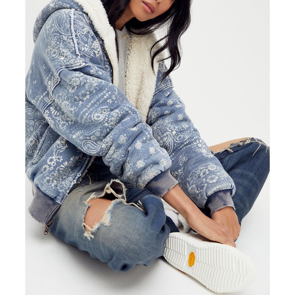 Free People Blue Paisley Sherpa Bomber Jacket - Picture 3 of 6